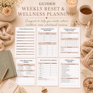 May include: A flat lay of a wellness planning kit with a journal, pen, and several printed worksheets. The worksheets include sections for weekly reflection, habit tracking, and goal setting. A lit candle, a mug, and a small bottle are also present.