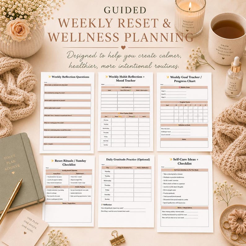 May include: A flat lay of a wellness planning kit with a journal, pen, and several printed worksheets. The worksheets include sections for weekly reflection, habit tracking, and goal setting. A lit candle, a mug, and a small bottle are also present.