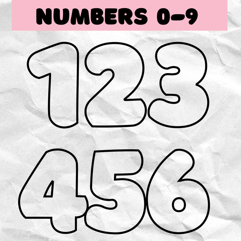 May include: Black outlined numbers 1 through 6 are displayed below the text "NUMBERS 0-9" in a bold, black font. The numbers are in a bubble font style. The background is a white, textured paper.