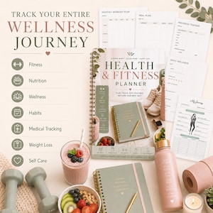 May include: A collection of wellness and fitness items, including a planner, notebooks, water bottle, and workout plan sheets. The items are in shades of green, pink, and gold, with text that reads "Health & Fitness Planner" and "Track Your Entire Wellness Journey."