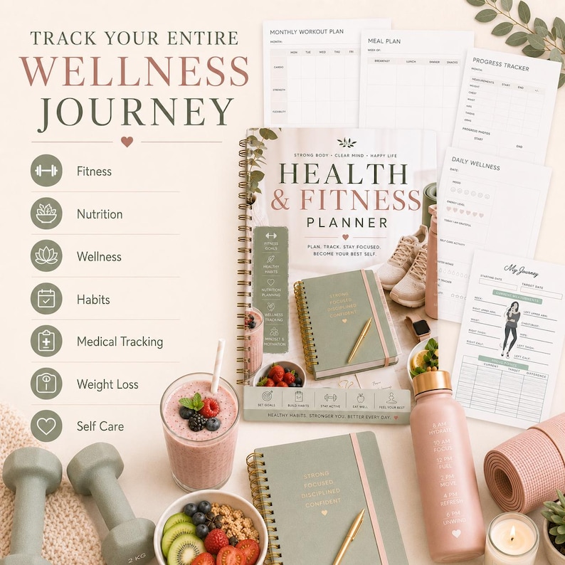 May include: A collection of wellness and fitness items, including a planner, notebooks, water bottle, and workout plan sheets. The items are in shades of green, pink, and gold, with text that reads "Health & Fitness Planner" and "Track Your Entire Wellness Journey."