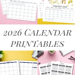 Pode incluir: Uma cole&ccedil;&atilde;o de calend&aacute;rios imprim&iacute;veis de 2026, com vistas mensais e anuais. Os calend&aacute;rios s&atilde;o exibidos em fundos rosa e amarelo, com elementos decorativos como cora&ccedil;&otilde;es e ta&ccedil;as de champanhe. O texto "2026 CALENDAR PRINTABLES" &eacute; vis&iacute;vel.