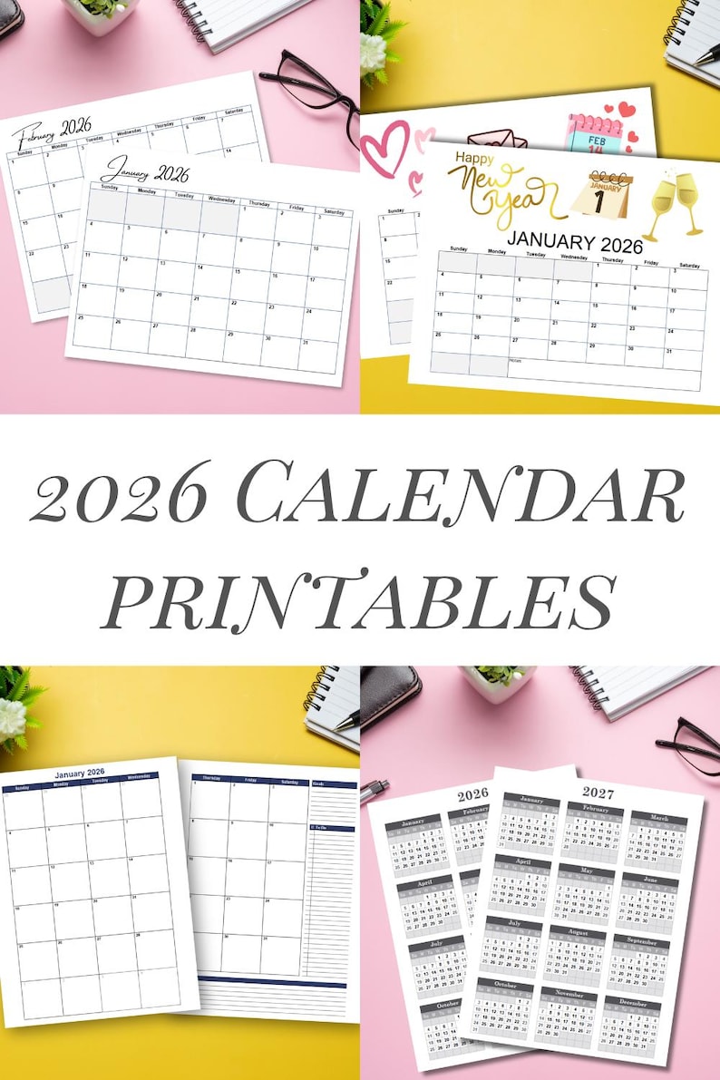 Pode incluir: Uma cole&ccedil;&atilde;o de calend&aacute;rios imprim&iacute;veis de 2026, com vistas mensais e anuais. Os calend&aacute;rios s&atilde;o exibidos em fundos rosa e amarelo, com elementos decorativos como cora&ccedil;&otilde;es e ta&ccedil;as de champanhe. O texto "2026 CALENDAR PRINTABLES" &eacute; vis&iacute;vel.