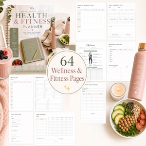 May include: A wellness and fitness planner with 64 pages, a spiral-bound notebook, and a pink water bottle. The image includes a smoothie, a bowl of food, and workout logs. The planner's cover reads "Health & Fitness Planner."