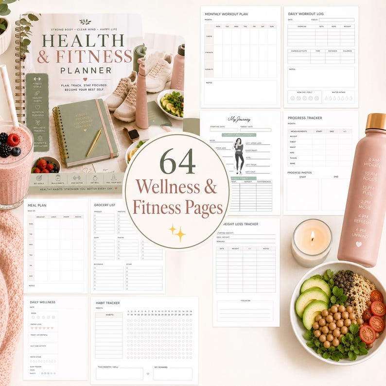 May include: A wellness and fitness planner with 64 pages, a spiral-bound notebook, and a pink water bottle. The image includes a smoothie, a bowl of food, and workout logs. The planner's cover reads "Health & Fitness Planner."