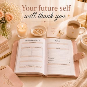 K&ouml;nnte beinhalten: Ein offenes t&auml;gliches Dankbarkeitstagebuch mit rosa Einband, das Abschnitte f&uuml;r Ziele, Handlungsschritte und t&auml;gliche Affirmationen enth&auml;lt. Der Text 'Your future self will thank you' ist &uuml;ber dem Tagebuch sichtbar, umgeben von einer Kerze, einer Tasse und Blumen.