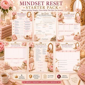 May include: A Mindset Reset Starter Pack digital download set featuring six printable sheets with pink floral accents, including a Mindset Assessment, 30-Day Money Mindset Challenge, Mindset Reset Worksheet, Mindset Tracker, Checklist, and Limiting Beliefs Worksheet.