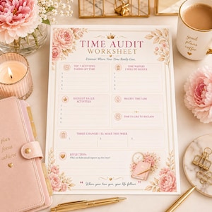 May include: A Time Audit Worksheet paper with floral accents, featuring sections for top activities, time wasters, highest value activities, time leaks, time to reclaim, and weekly changes. The text includes 'Time Audit Worksheet' and 'Where your time goes, your life follows.'