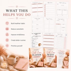 May include: A collection of self-care planners and journals in shades of pink and white. The image includes a planner, a journal, a pen, a mug of coffee, and a lit candle. Text on the planners reads "Self Care Planner", "Self Care 30 Day Challenge", and "Welcome to your Self Care Challenge".