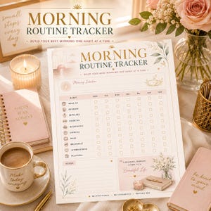 May include: A paper morning routine tracker featuring a grid for daily habits including wake up, hydrate, skincare, exercise, meditation, journal, read, breakfast, affirmations, and planning, with the text "Morning Routine Tracker" and "Build your best morning one habit at a time."