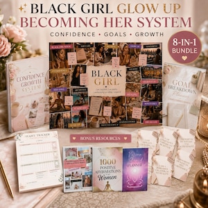 Könnte beinhalten: Ein 8-in-1 digitales Set mit dem Titel Black Girl Glow Up Becoming Her System, bestehend aus einem Zielplaner, einem Selbstvertrauens-System, einem Gewohnheits-Tracker, einem Vision-Board-Planer, 1000 Affirmationen und Bonus-Karten.