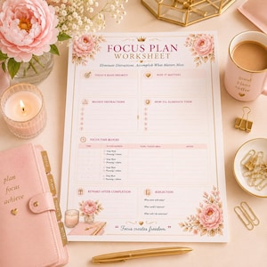 May include: A Focus Plan Worksheet printed on white paper with pink floral accents, featuring sections for priorities, distractions, time blocks, and reflection. The text reads Focus Plan Worksheet, Eliminate Distractions, Accomplish What Matters Most, and Focus creates freedom.
