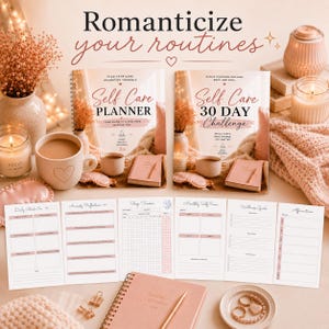 May include: A flat lay featuring self-care planners, journals, and accessories. The image includes two spiral-bound planners with the text "Self Care Planner" and "Self Care 30 Day Challenge." Additional items include candles, mugs, and a sleep mask.