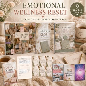 May include: A collection of wellness resources including the Emotional Wellness Reset, Weekly Reset Planner, A Year of Healing & Reflection, Self Care 30 Day Challenge, 1000 Positive Affirmations for Women, and a Vision Board Planner with cards.