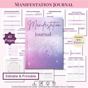 May include: A purple and pink manifestation journal with the title "Manifestation Journal" in script lettering. The cover features a crescent moon and star design. The journal includes 40 pages and is editable and printable.