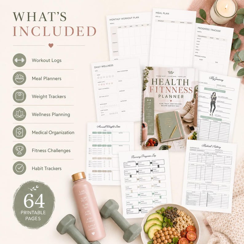 May include: A collection of fitness and health-related printables, including workout logs, meal planners, and weight trackers. The image features a planner, a water bottle, dumbbells, and a bowl of food. The text on the image says "Health Fitness Planner" and "64 Printable Pages."