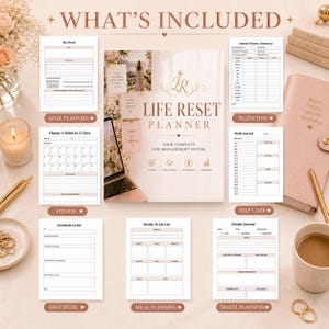 K&ouml;nnte beinhalten: Ein Life Reset Planner Buch mit einem zentralen Cover, das den Titel und ein goldenes Logo zeigt, umgeben von acht einzelnen Seitenvorlagen, darunter My Goals, Annual Finance Summary, Change A Habit In 21 Days, Daily Journal, Gratitude Letter, Weekly To Do List und Dream Journal.