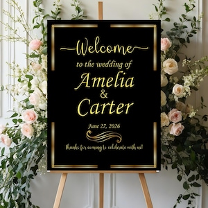Elegant Gold and Black Wedding Wecome Sign Personalized Wedding Decorations for Ceremony Welcome Sign Faux Gold Foil Wedding Welcome Board