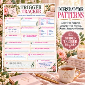 May include: A Trigger Tracker worksheet featuring fourteen numbered sections for self-reflection, including prompts for date, intensity, and needs. The document includes floral accents, a pink color scheme, and text such as Understand Your Patterns and Guided Trigger Tracker, accompanied by a pen and a mug.