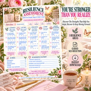 May include: A resilience assessment worksheet featuring five categories: adaptability, self-trust, problem solving, support, and recovery. The document includes instructions, a scoring section, and a reflection area, decorated with floral accents and butterflies.