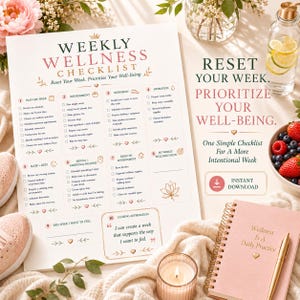 May include: A weekly wellness checklist printed on white paper with pink and green text. The document features ten numbered sections including plan my week, nourishment, movement, hydration, sleep, mental wellness, environment, and a closing affirmation.