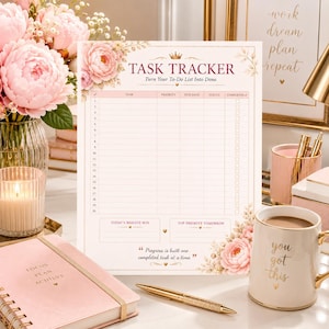 May include: A task tracker notepad featuring a floral design with pink peonies, a crown icon, and the text "TASK TRACKER Turn Your To-Do List Into Done." The page includes columns for task, priority, due date, status, and completed checkboxes.