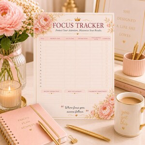 May include: A rectangular paper focus tracker sheet with a floral border, featuring the text FOCUS TRACKER, Protect Your Attention. Maximize Your Results., and Where focus goes, success follows. It includes columns for date, task, time, and ratings.