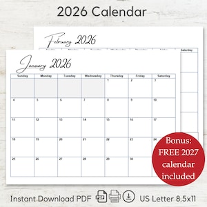 May include: A white 2026 calendar with a bonus 2027 calendar. The calendar includes the months of January and February, with a grid layout for each day. The text "Instant Download PDF" and "US Letter 8.5x11" are also visible.
