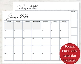 Printable Minimalistic Monthly Calendar 2026 printable 12 month calendar pdf download printable new year 2026 calendar planner page notes