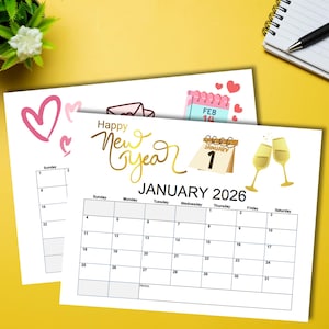 Pode incluir: Dois calend&aacute;rios brancos sobre um fundo amarelo. Um apresenta um design de cora&ccedil;&atilde;o rosa, o outro exibe "Happy New Year" em escrita dourada, com "Janeiro 2026" e uma grade de calend&aacute;rio. A imagem inclui ilustra&ccedil;&otilde;es de ta&ccedil;as de champanhe.