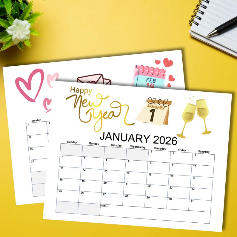 Pode incluir: Dois calend&aacute;rios brancos sobre um fundo amarelo. Um apresenta um design de cora&ccedil;&atilde;o rosa, o outro exibe "Happy New Year" em escrita dourada, com "Janeiro 2026" e uma grade de calend&aacute;rio. A imagem inclui ilustra&ccedil;&otilde;es de ta&ccedil;as de champanhe.