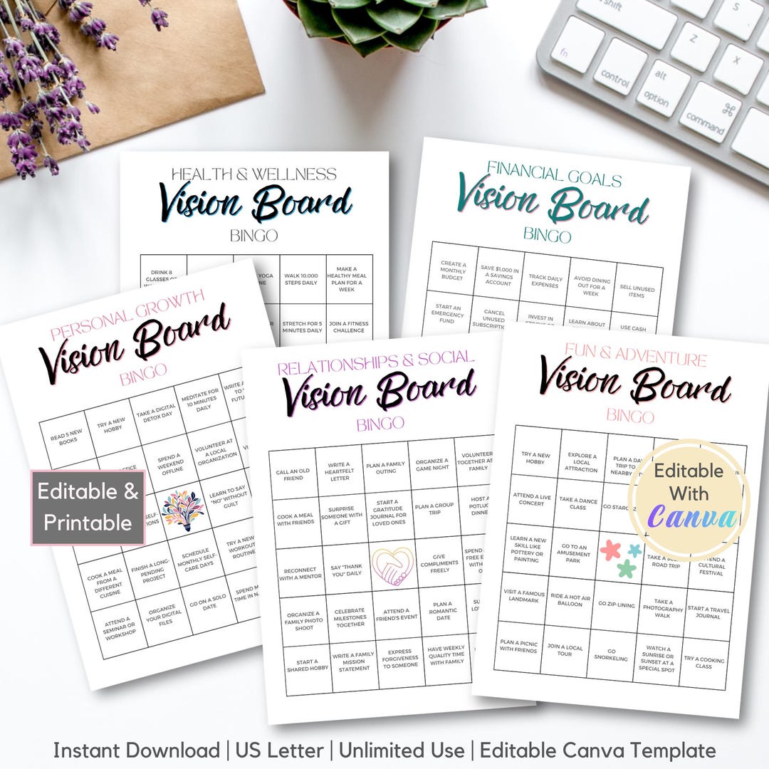 Vision Board Bingo Card Template Bundle Editable, Goal Setting Bingo ...