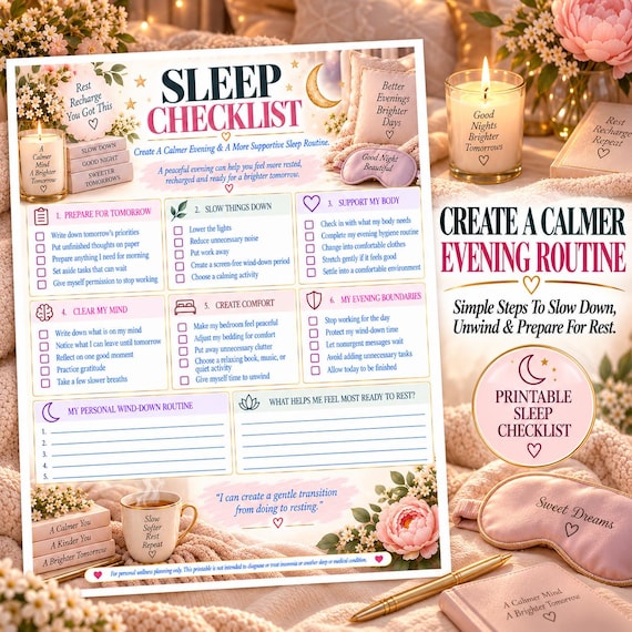 Sleep Checklist Printable, Bedtime Routine Planner, Evening Wind Down Routine, Self Care Wellness Worksheet, Instant Download 699