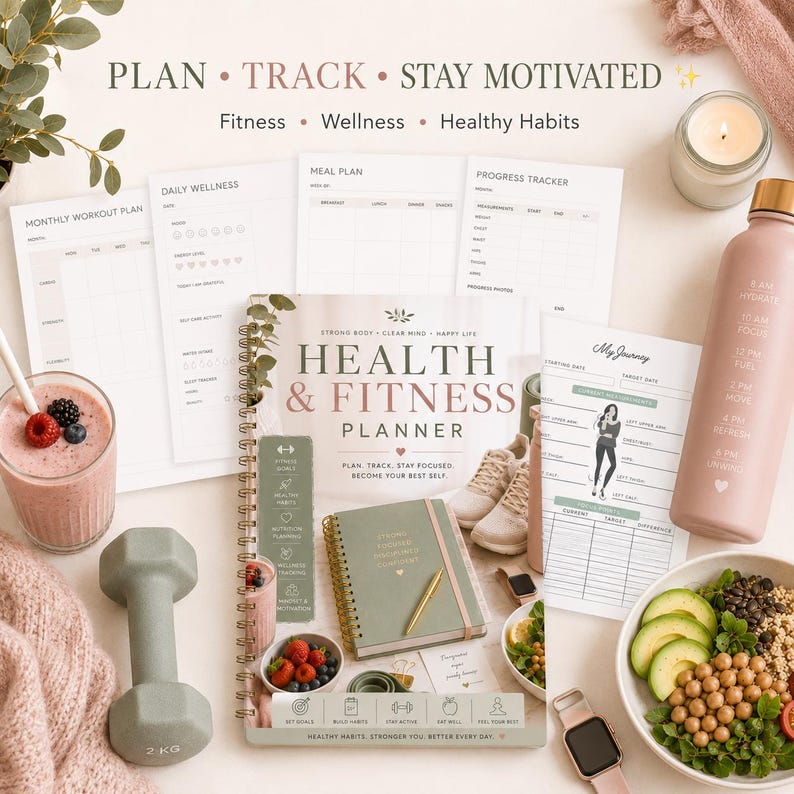 May include: A flat lay featuring a health and fitness planner, workout plan sheets, a water bottle, a dumbbell, a smoothie, and a bowl of salad. The planner is open to a spread with text that reads "Health & Fitness Planner". The text "Plan, Track, Stay Motivated" is at the top.