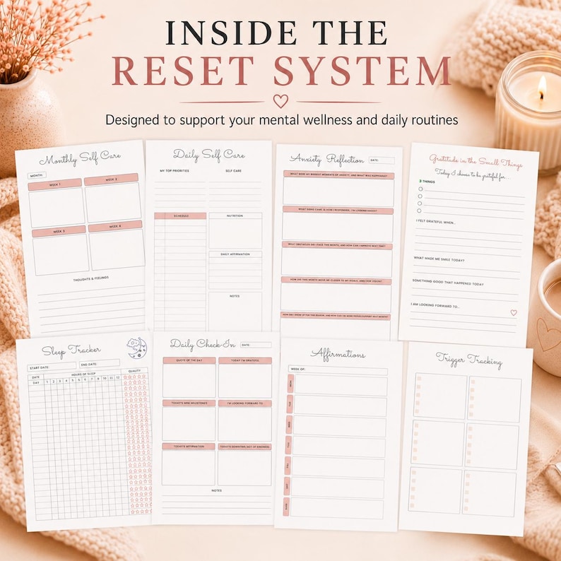 May include: A collection of printable planner pages with a soft pink and white color scheme. The pages include sections for self-care, daily check-ins, affirmations, and more. The text "INSIDE THE RESET SYSTEM" is at the top.