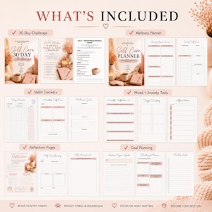 May include: A collection of self-care journals and planners with the text "WHAT'S INCLUDED". The journals include a 30-day challenge, habit trackers, reflection pages, and goal planning sections. The color scheme is soft pink and white.