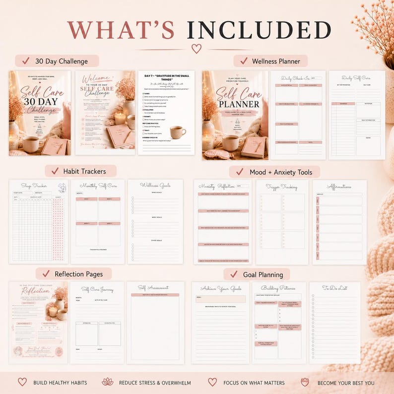 May include: A collection of self-care journals and planners with the text "WHAT'S INCLUDED". The journals include a 30-day challenge, habit trackers, reflection pages, and goal planning sections. The color scheme is soft pink and white.
