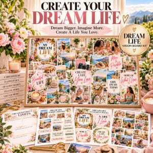 Peut inclure: Un kit de tableau de visualisation comprenant un grand panneau en liège recouvert d'images inspirantes et de textes comme Create Your Dream Life, More Is Possible et Life On My Terms, avec plusieurs feuilles imprimées de phrases motivantes.