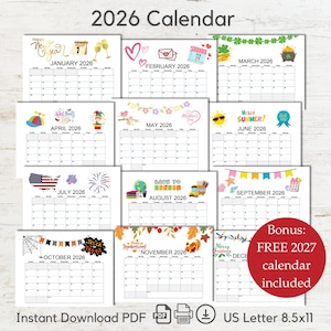 May include: A collection of printable 2026 calendars, each with a different seasonal theme. Includes a bonus 2027 calendar. The calendars are US Letter size, 8.5 x 11 inches, and available as an instant PDF download.