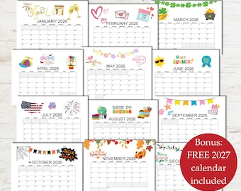 Calendrier 2026 imprimable 12 mois à télécharger au format PDF, page imprimable du nouvel an 2026, calendrier mural décoratif, page de calendrier 2026 à télécharger