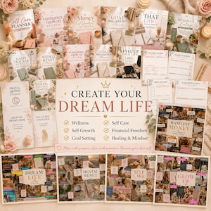 Op de afbeelding: Een verzameling journals en planners, waaronder "Self Care Planner" en "Manifest Money", met bloemaccenten en de tekst "Create Your Dream Life". Het thema draait om welzijn, zelfzorg en persoonlijke groei.