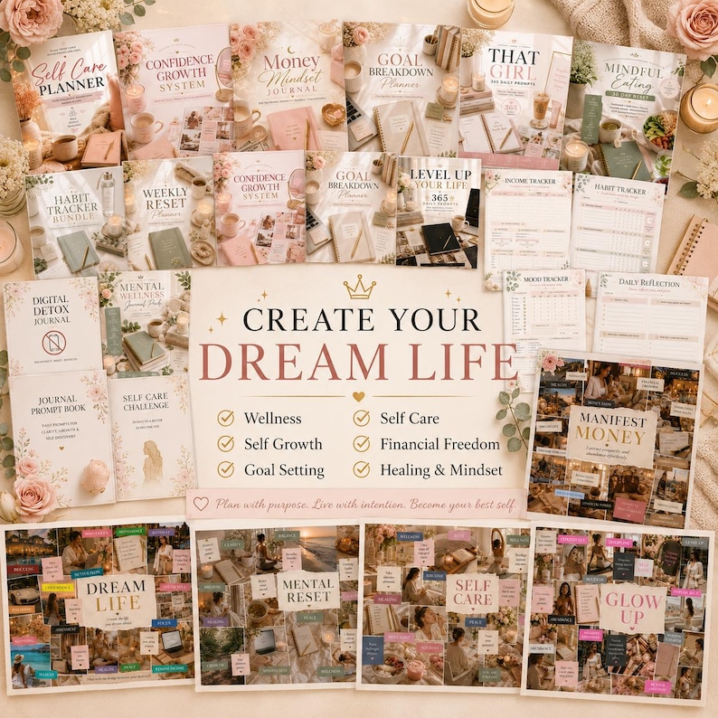 Op de afbeelding: Een verzameling journals en planners, waaronder "Self Care Planner" en "Manifest Money", met bloemaccenten en de tekst "Create Your Dream Life". Het thema draait om welzijn, zelfzorg en persoonlijke groei.
