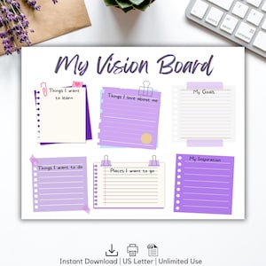 Könnte beinhalten: Ein weißes Vision Board mit dem Text "My Vision Board" in lila Schrift. Das Board hat sechs Abschnitte mit Überschriften wie "Things I want to learn" und "My Goals". Jeder Abschnitt hat ein anderes Design, einschließlich liniertes Papier und Haftnotizen.