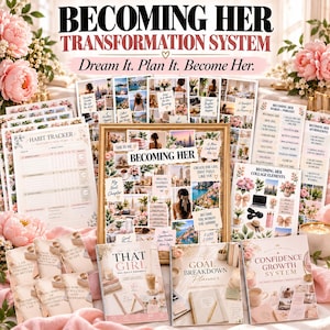 May include: A collection of printed materials titled Becoming Her Transformation System, including a framed collage, habit tracker, daily prompt cards, goal breakdown planner, and confidence growth system with floral and lifestyle imagery.