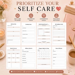 K&ouml;nnte beinhalten: Ein Set f&uuml;r einen Selbstf&uuml;rsorge-Planer mit acht druckbaren Seiten, die &Uuml;berschriften wie Self Care Plan, Gratitude Letter, Daily Gratitude Journal, My Confidence Goals, Weekly To Do List, Wellness Check-In, Change A Habit In 21 Days und Future Self Letter enthalten.