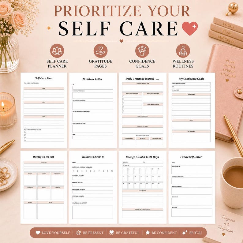 K&ouml;nnte beinhalten: Ein Set f&uuml;r einen Selbstf&uuml;rsorge-Planer mit acht druckbaren Seiten, die &Uuml;berschriften wie Self Care Plan, Gratitude Letter, Daily Gratitude Journal, My Confidence Goals, Weekly To Do List, Wellness Check-In, Change A Habit In 21 Days und Future Self Letter enthalten.