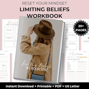 May include: A workbook titled "LIMITING BELIEFS WORKBOOK" featuring a person in a brown hat and coat. The workbook includes worksheets, a mood tracker, and a daily check-in. The text "20+ PAGES" is visible.