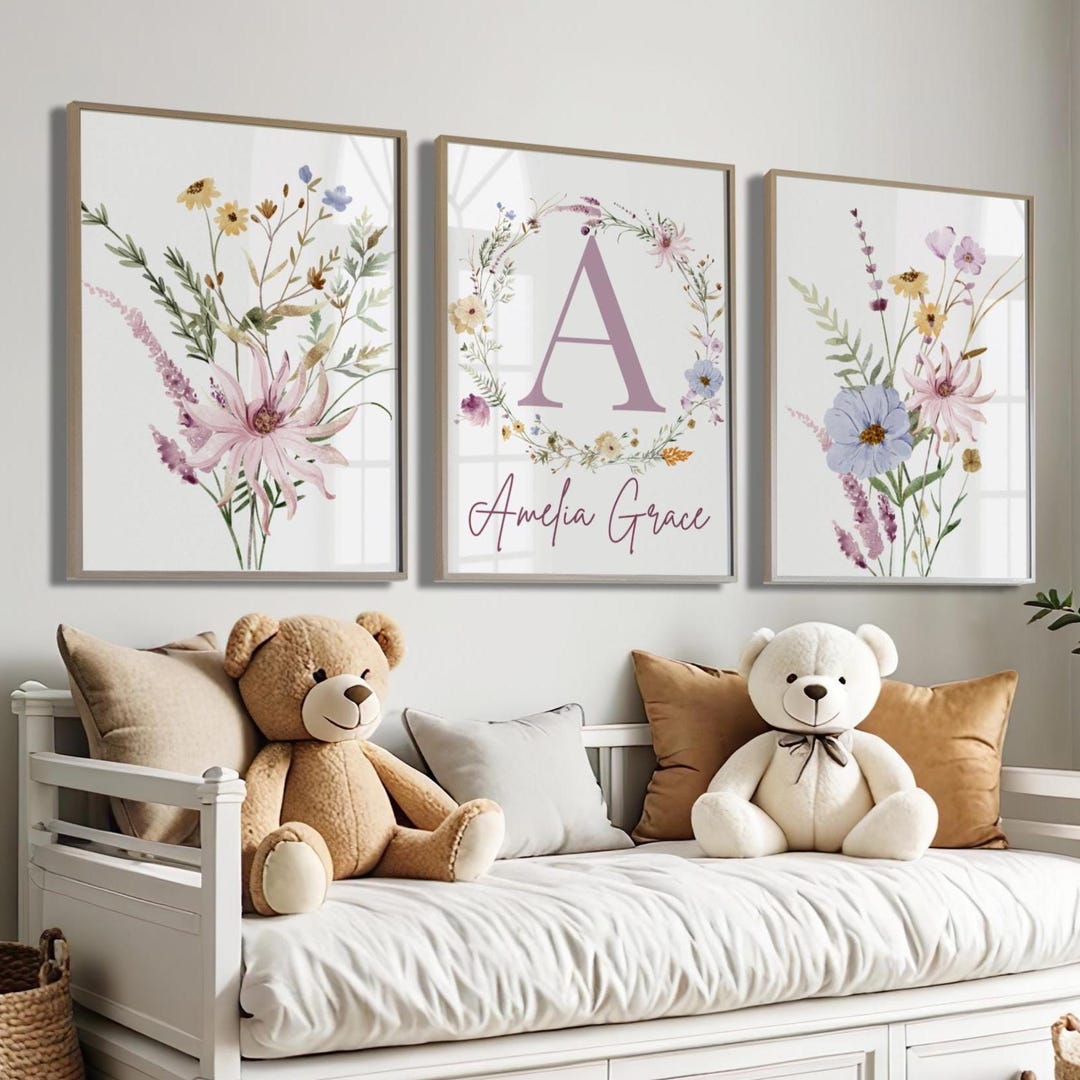 Boho Wildflower Print Set of 3 for Girl Nursery Rustic Floral Baby Room ...