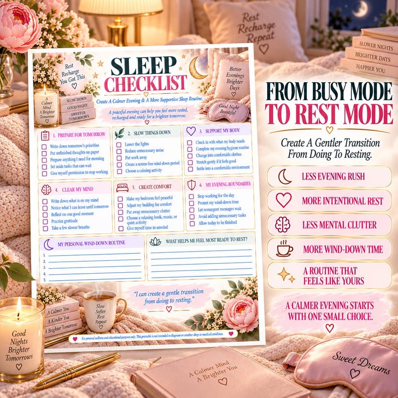 Sleep checklist printable displayed in a calming feminine bedroom setting with ideas for reducing evening rush, creating intentional rest and building a personalized nighttime routine.