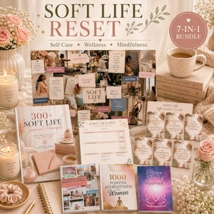 May include: A Soft Life Reset 7-in-1 bundle featuring a journal with 300+ prompts, a habit tracker, a vision board planner, 1000 positive affirmations book, and affirmation cards. Includes a mug, candles, and floral decor in a soft aesthetic.